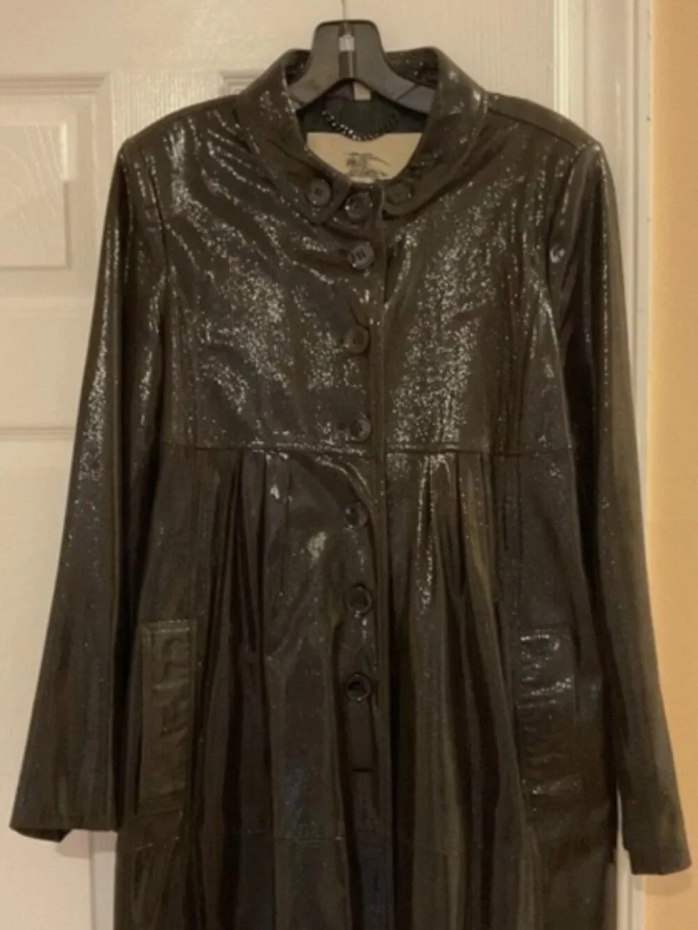 BURBERRY Black Shimmer Leather Coat IT sz46/ US sz 12- MADE IN ITALY - Picture 9 of 9